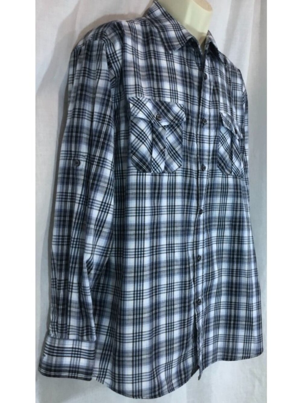 Western Utility Shirt Men XL Navy Plaid Button Up Indie Grunge Skater VTG 90 Y2K - Picture 7 of 10